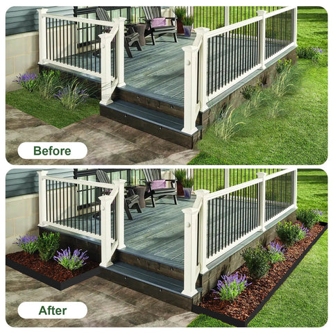 Before and after using Four Inch Tall Landscape Edging Kit for Garden Borders 40 Ft Black Plastic Border With Sixty Anchoring Spikes