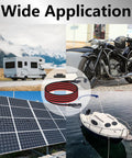 Image showing wide application of Beefy 12 Foot 16 AWG Battery Charger Cable SAE To SAE Quick Disconnect Harness with RV, motorcycle, solar panel, and boat.