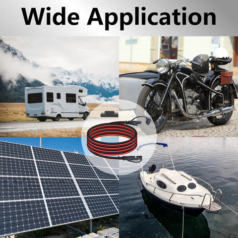 Image showing wide application of Beefy 12 Foot 16 AWG Battery Charger Cable SAE To SAE Quick Disconnect Harness with RV, motorcycle, solar panel, and boat.