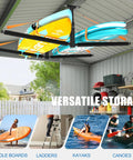 Double Paddleboard And Surfboard Ceiling Storage Rack For Garage Adjustable Overhead Hanger With Straps For Skis Kayaks And Canoes Holds 200 Lbs Black For Quick Setup installed with boards