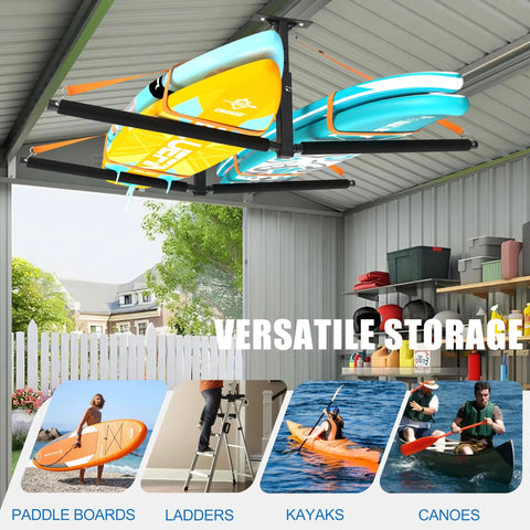 Double Paddleboard And Surfboard Ceiling Storage Rack For Garage Adjustable Overhead Hanger With Straps For Skis Kayaks And Canoes Holds 200 Lbs Black For Quick Setup installed with boards