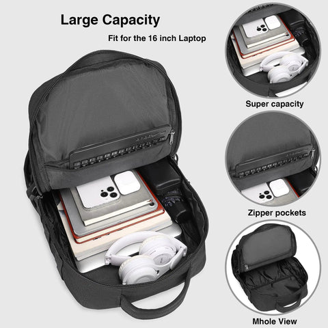 Rugged Military Tactical Backpack For Men Waterproof Daypack interior with laptop, books, and headphones, showing capacity.