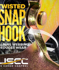 Close-up of Heavy Duty Twisted Snap Hook Ratchet Strap displaying alignment feature, enhancing gear stability and reducing wear.