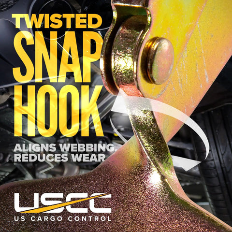 Close-up of Heavy Duty Twisted Snap Hook Ratchet Strap displaying alignment feature, enhancing gear stability and reducing wear.