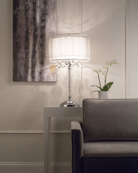 Moiselle Swanky Modern Table Lamp With Chrome Finish, Double Drum Shade In Sheer Off White, 17x17x30 Inches on a side table