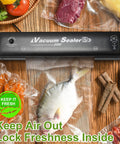 Single-Ply Vacuum Sealer Bags 6x10 Inch Quart Size with vacuum sealer, fish, carrots, and beef, food storage setup