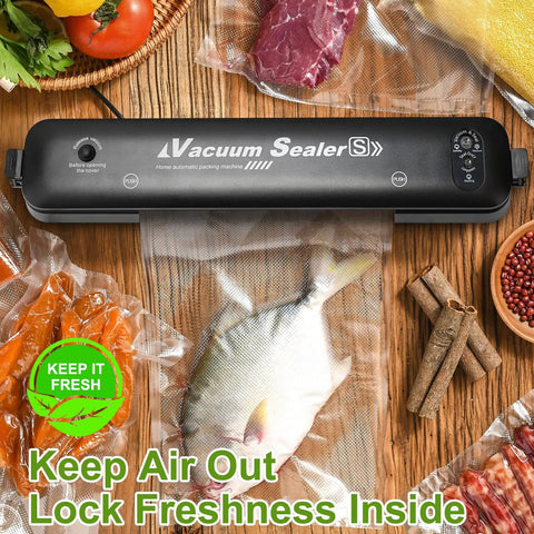Single-Ply Vacuum Sealer Bags 6x10 Inch Quart Size with vacuum sealer, fish, carrots, and beef, food storage setup