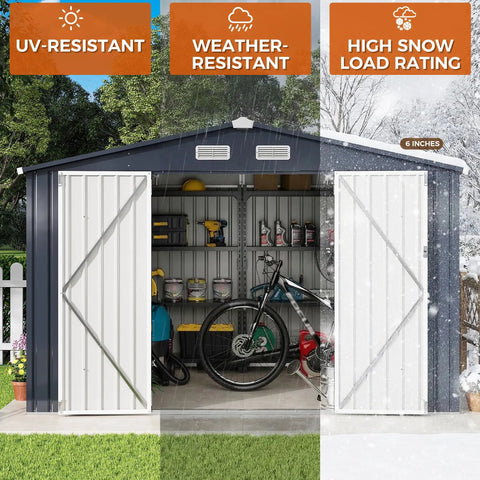 Heavy Duty Outdoor Tool Shed With Lockable Doors And Breathable Vent, 10x8 Ft Metal Garden Storage, dark blue, open doors view