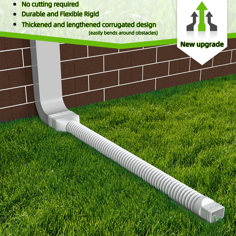 Flexible Downspout Extender For Rain Gutters Extendable From 21 To 60 Inches White 1 Pack Yard Saver in use on lawn.