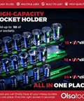 Aluminum Socket Organizer Rail Set For 1/2, 3/8, And 1/4 Drives - Green high capacity socket holder with chrome sockets