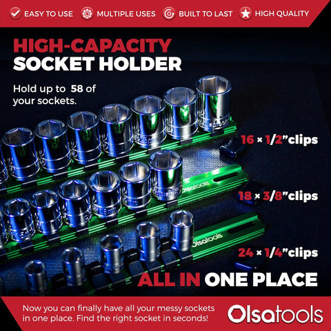 Aluminum Socket Organizer Rail Set For 1/2, 3/8, And 1/4 Drives - Green high capacity socket holder with chrome sockets