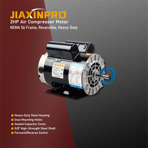 JIAXINPRO 2HP air compressor motor, side view, 56-frame, dual voltage, reversible