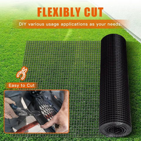 Tough As Nails 24 Inch X 50 Feet Black PVC Coated Chicken Wire Fence on grass, showcasing easy cutting for custom use.