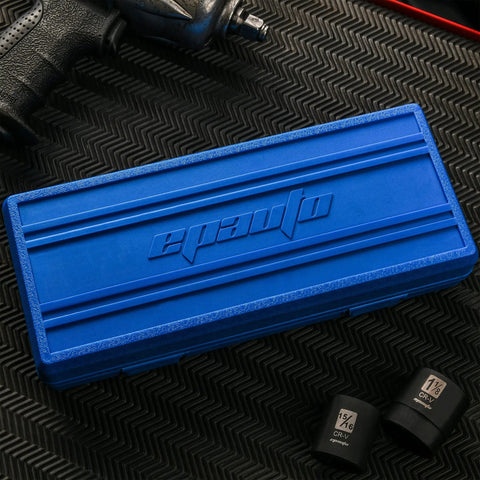 Blue storage case for 1/2 Inch Drive Shallow Impact Socket Set 14 Piece, 6 Point SAE Sockets, with sockets visible nearby.