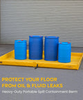 4x8 Foam Wall Spill Containment Berm With 26 Oz PVC Coated Fabric Yellow 0.75 Inch Drain Secondary Containment Rugged Drip And Leak Barrier For Vehicles Pumps And Small Tanks On Job Sites containing blue barrels