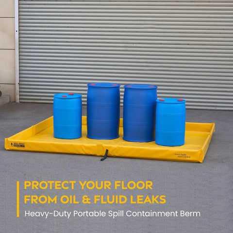 4x8 Foam Wall Spill Containment Berm With 26 Oz PVC Coated Fabric Yellow 0.75 Inch Drain Secondary Containment Rugged Drip And Leak Barrier For Vehicles Pumps And Small Tanks On Job Sites containing blue barrels