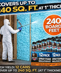 Heavy Duty Closed Cell Spray Foam Insulation Kit, 12 Pack Covers 240 Board Feet, being applied to wall by worker in protective gear.