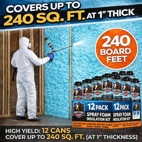 Heavy Duty Closed Cell Spray Foam Insulation Kit, 12 Pack Covers 240 Board Feet, being applied to wall by worker in protective gear.