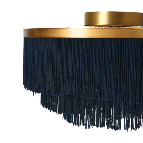Close-up of Dope Navy Fringe Round Ceiling Light With Gold Rim, 13.75 Inch Semi Flush Mount, Modern Chandelier Vibe detail.