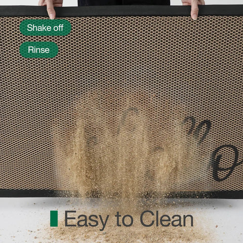Hello Door Mat 17x30 No Slip Durable Rubber Entrance Doormat demonstrating dirt removal with easy clean feature.