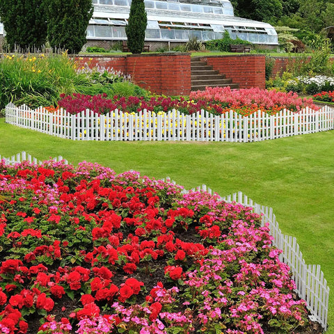 No Dig Garden Edging Border Kit 13 Ft White 14.6 Inch Tall with 14 Stakes in garden setting defining flower beds