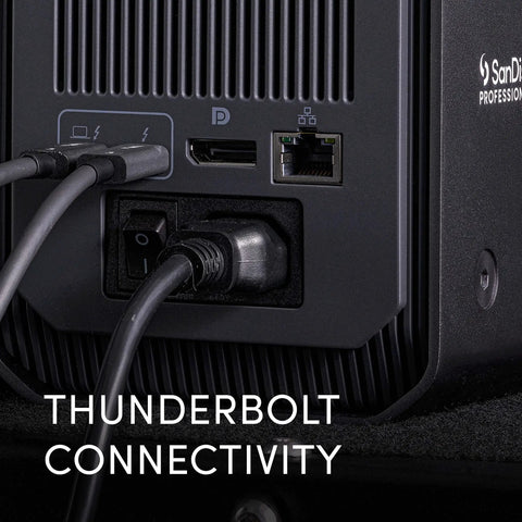 Kickstart Your Daily Hustle With This Professional Four Bay Docking Station Featuring Thunderbolt And USB C Ports For Lightning Fast Offloading Zero Lag Sync And A Rock Solid Gray Chassis That Secures Your Entire Gear Setup - Thunderbolt connectivity ports close-up.