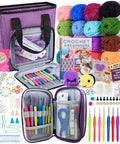 Deluxe Beginner Crochet Kit Bundle With 116 Piece Set Of 20 Colorful Yarns Ergonomic Hooks Purple Carry Bag And Accessory Case Plus Online Tutorial For Adults And Teens A Must Have DIY Starter For Cozy Projects showing yarns, hooks, bags, and accessories.