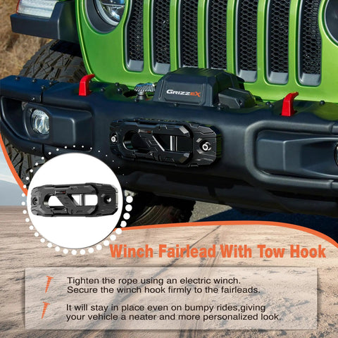 Beefy Heavy Duty Winch Fairlead With Hook For Off Road Recovery 33,000 Lbs Breaking Strength 17,600 Lbs Safe Working Load Aluminum Hawse Fairlead 40Cr Alloy Steel Core 1 Inch Bolt Pattern Fits Truck Jeep SUV ATV UTV Black mounted on Jeep bumper