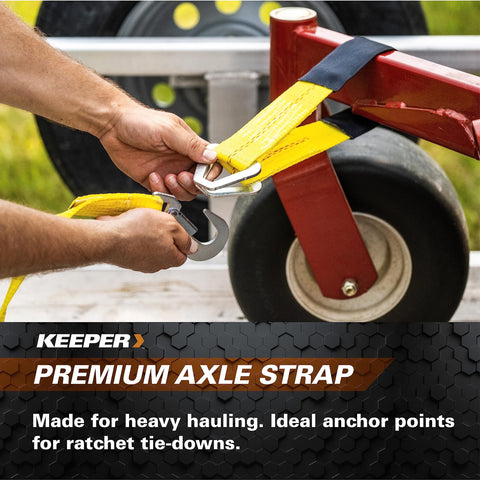 Man securing 2 Inch By 24 Inch Premium Axle Tie Down Strap with D rings onto a trailer for cargo hauling, close-up view.