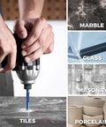 Diamond Drill Bit Set Ten Piece For Glass Tile Ceramic And Porcelain Holes With Quick Change One Quarter Inch Hex Shank shown in use