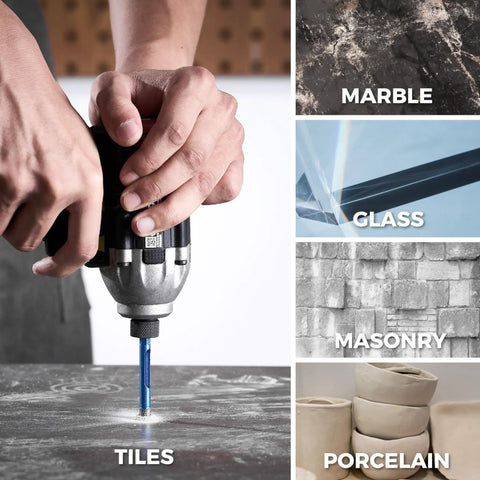 Diamond Drill Bit Set Ten Piece For Glass Tile Ceramic And Porcelain Holes With Quick Change One Quarter Inch Hex Shank shown in use