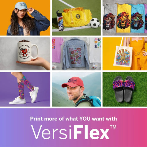 VersiFlex Light Heat Transfer Paper for Uncoated Fabrics Wood and More Self Weeding for Clean Sharp Transfers No Fuss Prep Ideal for Home Decor Gifts T Shirts Hats 100 Sheets 8 By 11 Inches displayed with decorated items including apparel, mugs, and bags.