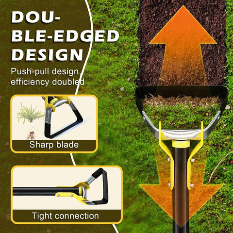 Stirrup Hoe Garden Tool With Adjustable 30 To 54 Inch Handle Double Edged Scuffle Hoe showcasing double-edged design for weeding.