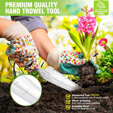 Gardener using Garden Trowel With Wood Handle Stainless Steel Narrow Flat Shovel For Planting Weeding Transplanting And Digging