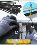 Close-up of 5 Foot By 50 Foot Black Fence Privacy Screen Windscreen installation using cable ties on a metal fence.