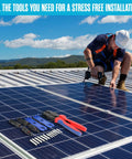 Solar Wire Connectors Kit With Crimping Tool And Disconnect Tool 51 Piece PV Kit on a roof with solar panels and technician