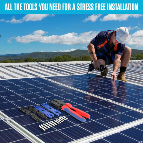 Solar Wire Connectors Kit With Crimping Tool And Disconnect Tool 51 Piece PV Kit on a roof with solar panels and technician