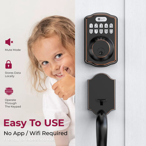 Keyless Door Lock With Handle In Oil Rubbed Bronze 6 Codes For Quick Access shown on door with child smiling nearby