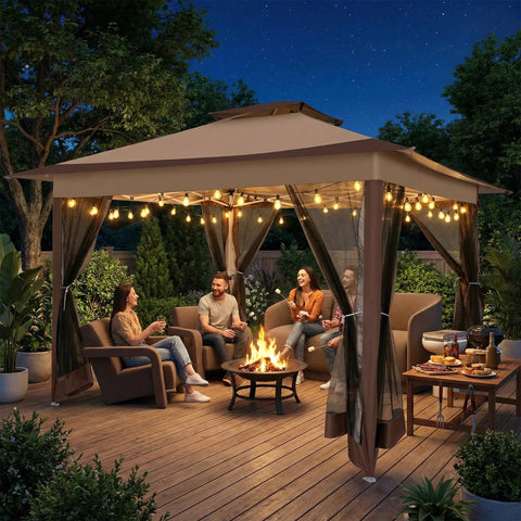 12x12 Pop Up Gazebo Canopy Tent With Mosquito Netting, Easy Up Metal Frame, Waterproof Outdoor Shelter, Portable Patio Garden Gazebo, patio setup