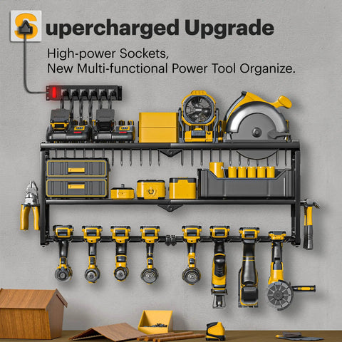 Power Tool Organizer Wall Mount With Charging Station, 7 Slot Drill Hanger, Battery Holder And 4 Outlet Power Strip shown installed.