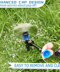 Push To Fit One Quarter Inch Drip Irrigation Emitters Kit With 360 Degree Adjustable Vortex Emitters spraying water on grass