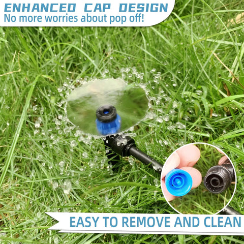 Push To Fit One Quarter Inch Drip Irrigation Emitters Kit With 360 Degree Adjustable Vortex Emitters spraying water on grass