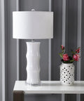 26.5 Inch White Ceramic Table Lamp With Linen Drum Shade And Bamboo Design For Living Room Or Bedroom Nightstand Modern Bedside Light