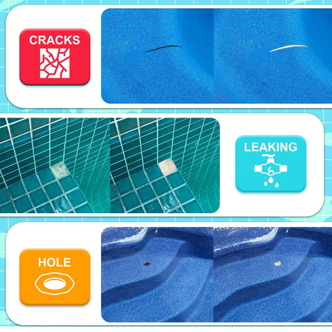 Pool Putty 12oz 2 Part Epoxy Putty Clay for Underwater and Above Water Leak Repair, shown fixing cracks, leaks, and holes