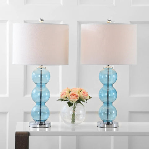 Sky Blue And Chrome Triple Sphere Glass Table Lamps Set Of 2 With White Linen Shades, Modern Bedside And Living Room Lighting