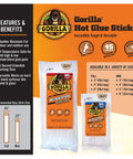 Gorilla Hot Glue Sticks packaging showing features for Clear Mini Hot Glue Sticks 4 Inch Long 0.27 Inch Diameter 75 Count All Temperature.