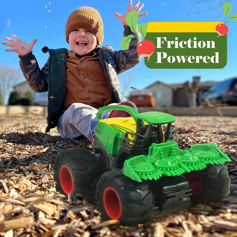 Child playing with Die Cast Metal Tractor Trucks With Trailer And Movable Parts, Realistic Details, Friction Powered, for Kids 3-5
