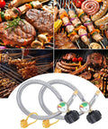 15 Inch RV Propane Hose With Gauge Stainless Steel Braided Camper Tank Line Pigtail For Camper Regulator One Quarter Inch Male NPT QCC1 Fittings 40Lb 250PSI Built Tough with assorted grilled meats