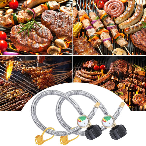 15 Inch RV Propane Hose With Gauge Stainless Steel Braided Camper Tank Line Pigtail For Camper Regulator One Quarter Inch Male NPT QCC1 Fittings 40Lb 250PSI Built Tough with assorted grilled meats