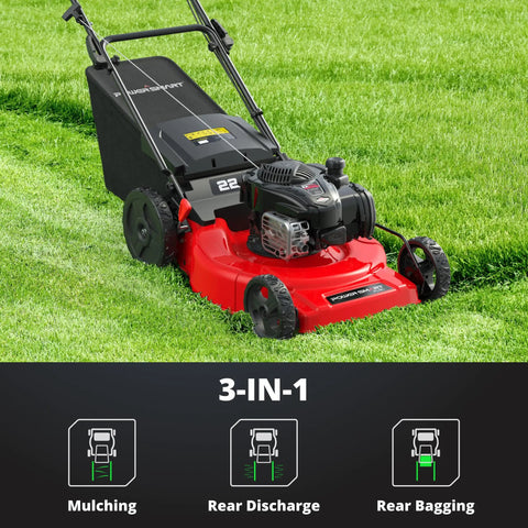 Gas Lawn Mower 22 Inch Self Propelled With Three In One Mulching System ReadyStart Briggs And Stratton 150cc Engine Rear Wheel Drive Durable Steel Deck Six Cutting Heights For Easy Yard Care, red mower on grass